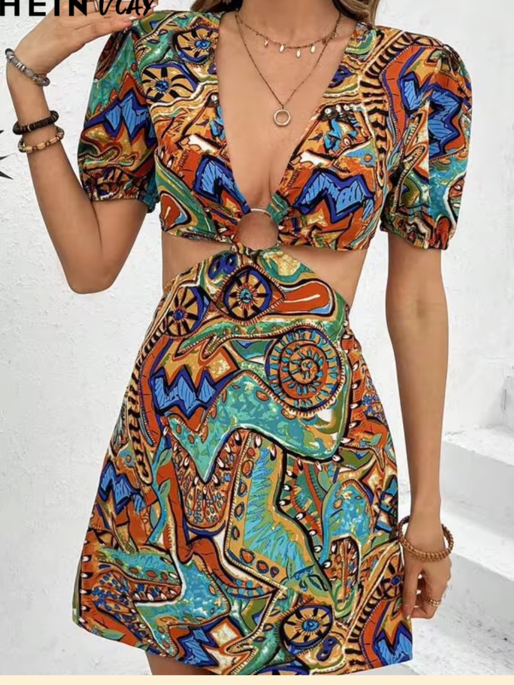 SHEIN Orange Green Blue Ring-Front Cutout Mini Dress M